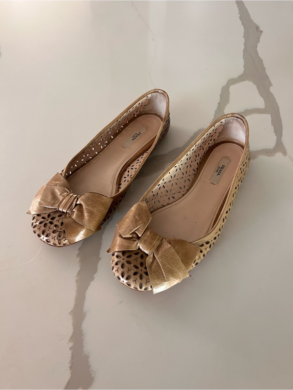 Prada Metallic Gold Leopard Bow Ballet Flats - Women